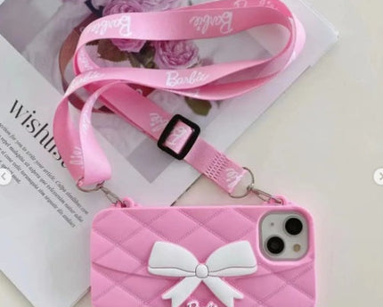 Case Creation Trendy Premium Fancy Cute Barbie Bow Case For iPhone Handbag Purse Case With Strap,Wallet Phone Chain Cover | Fashion iPhone